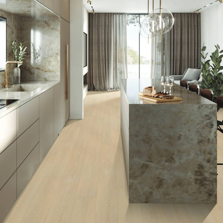 Modern kitchen with Beaulieu SPC vinyl flooring in Copeland 2323 color. Completely 100% waterproof, pet-friendly, and highly stain-resistant. Available at Advanced Flooring Waterloo. 