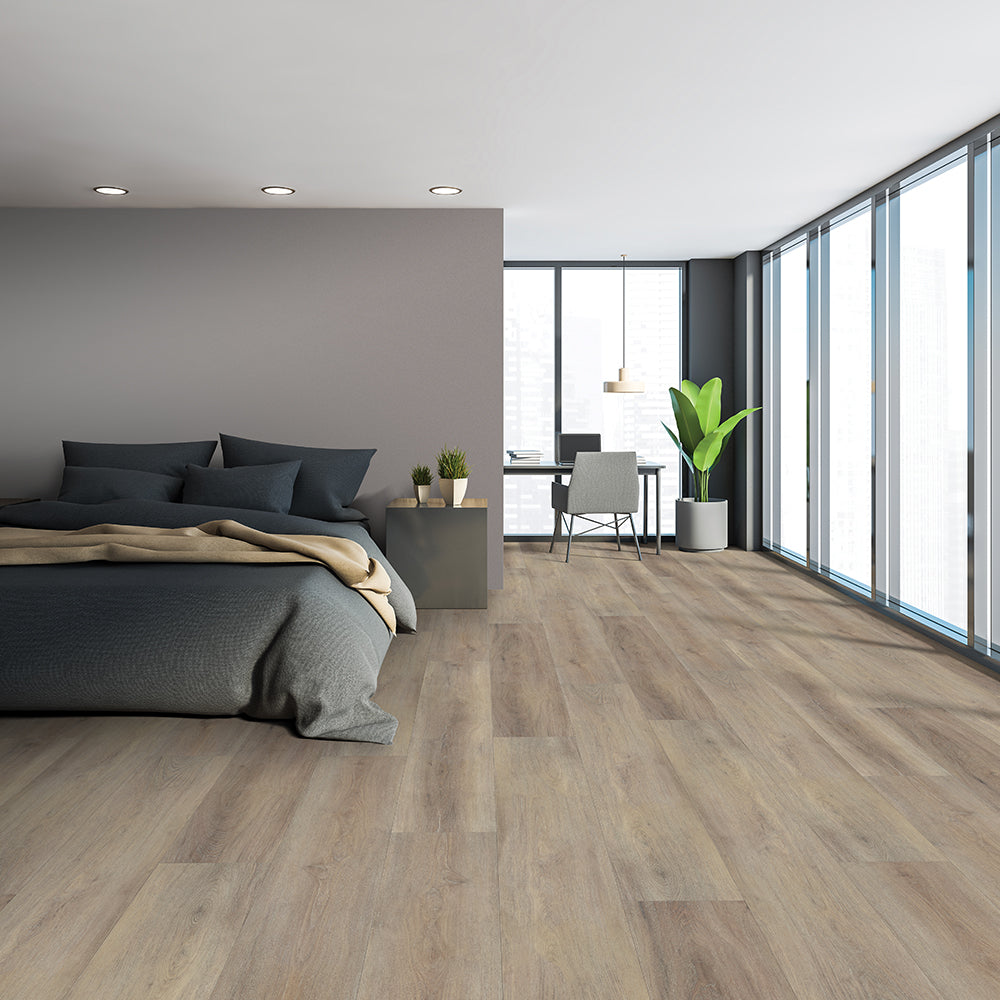 Modern bedroom with Beaulieu SPC vinyl flooring in Galapagos 2319
color. Available at Advanced Flooring Waterloo. 
