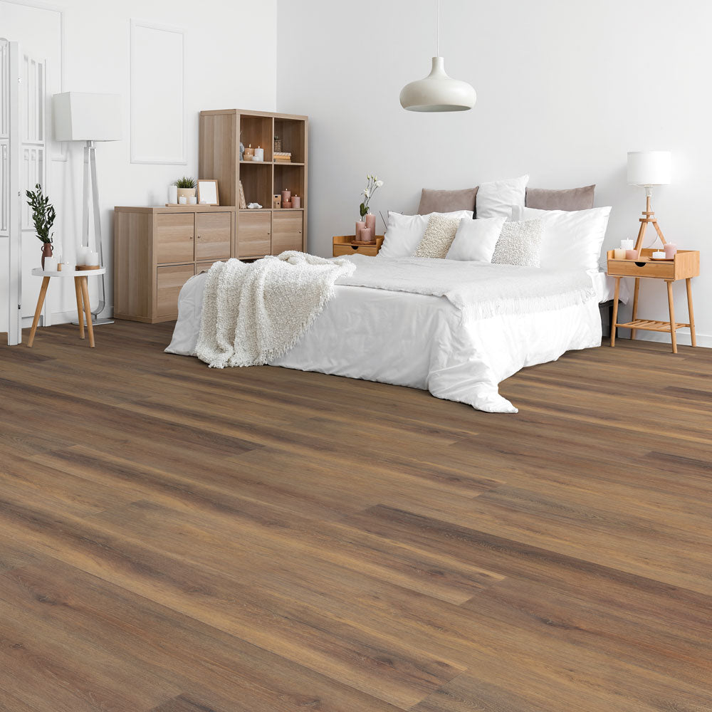 Modern bedroom with Beaulieu SPC vinyl flooring in Malay 2320 color. Available at Advanced Flooring Waterloo. 