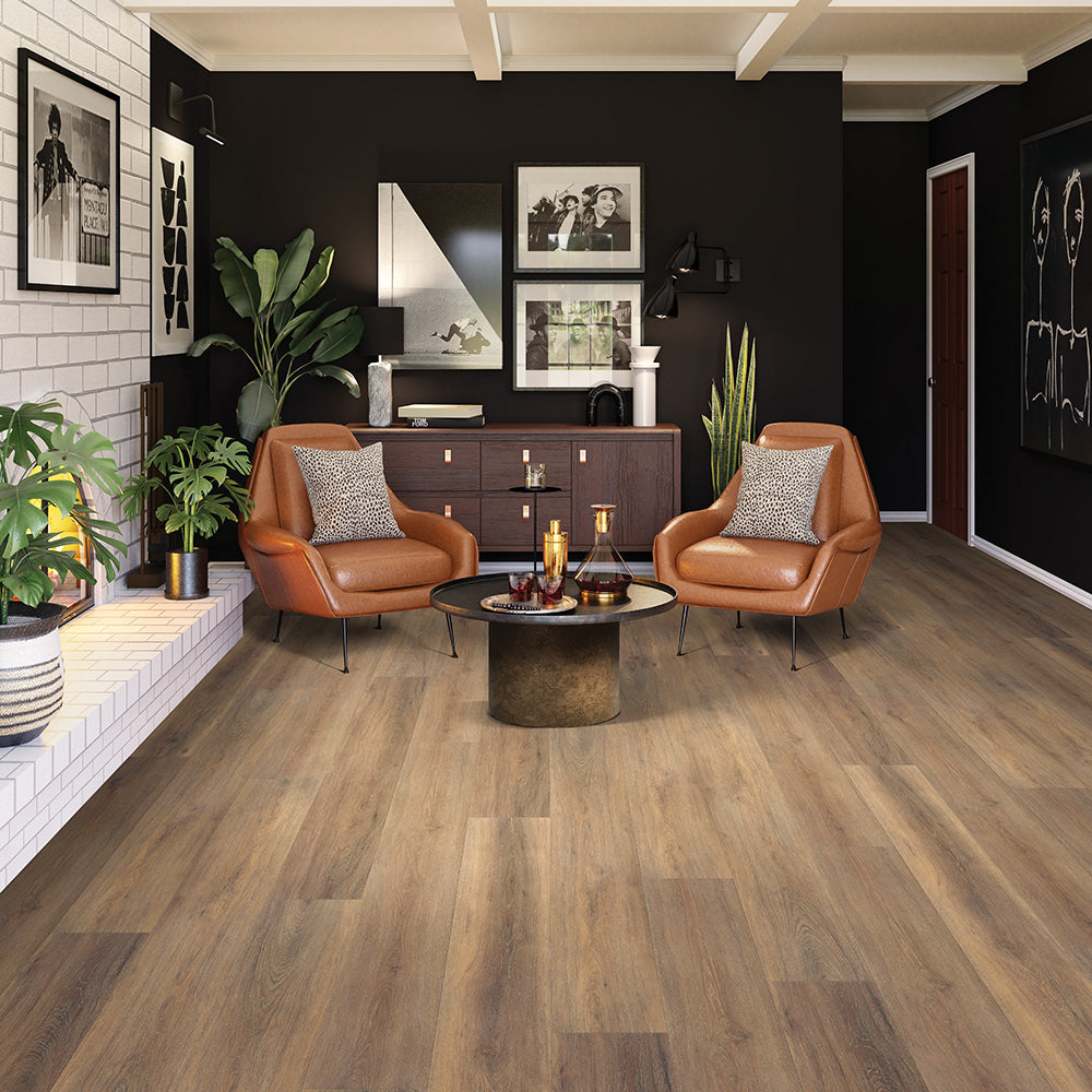 Modern living room with Beaulieu SPC vinyl flooring in Malay 2320 color. Available at Advanced Flooring Waterloo. 