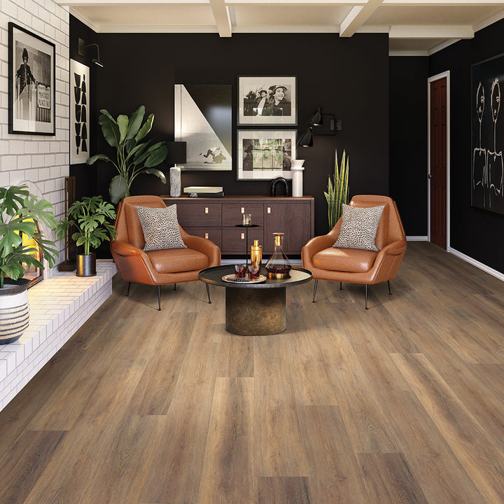 Modern living room with Beaulieu SPC vinyl flooring in Malay 2320 color. Available at Advanced Flooring Waterloo. 