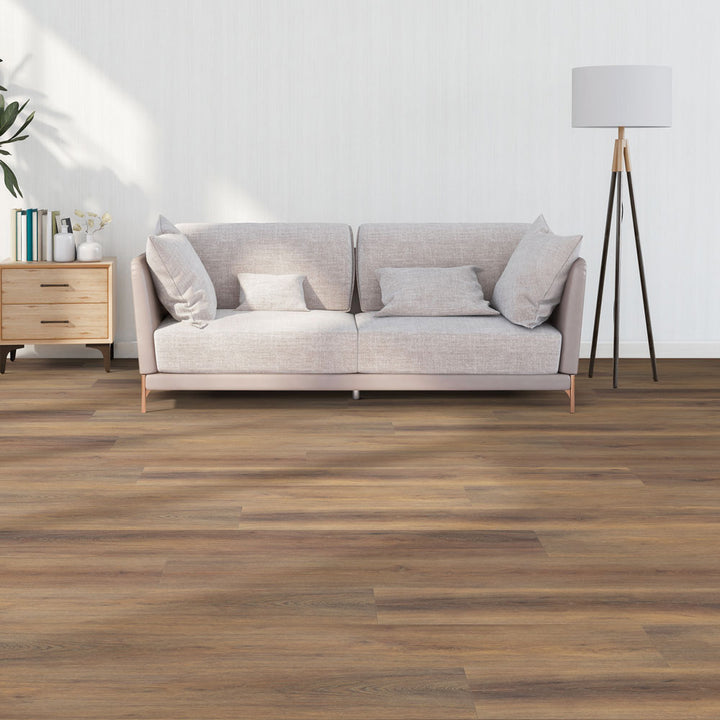 Modern living room with Beaulieu SPC vinyl flooring in Malay 2320 color. Available at Advanced Flooring Waterloo. 