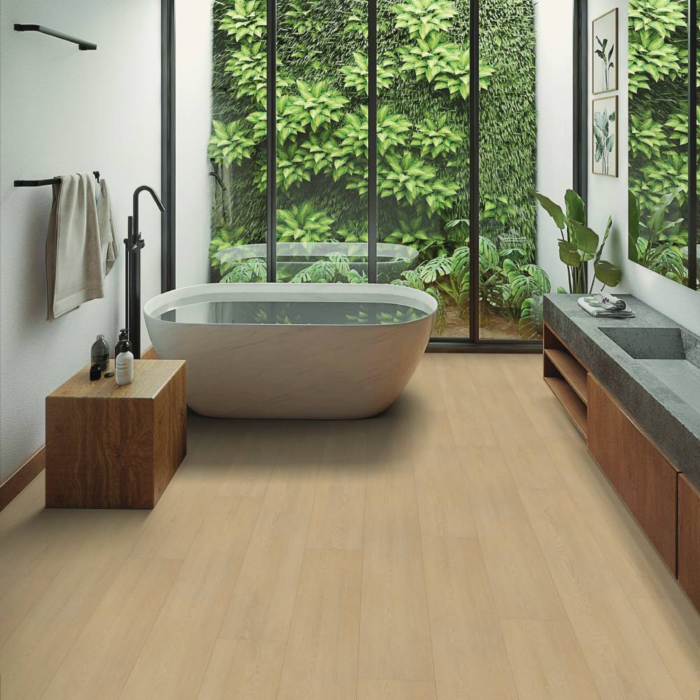 Modern bathroom with Beaulieu SPC vinyl flooring in Marshall 2324
color, 100% waterproof. Available at Advanced Flooring Waterloo. 
