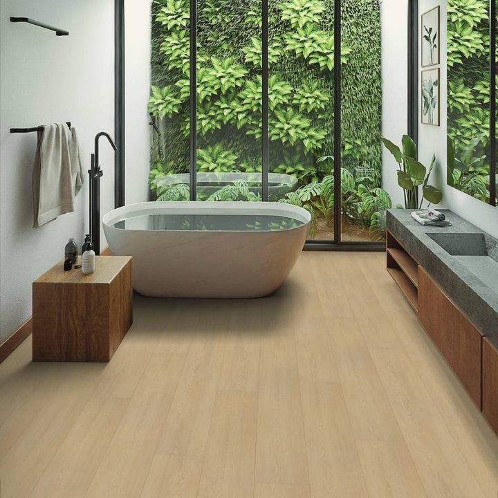 Modern bathroom with Beaulieu SPC vinyl flooring in Marshall 2324
color, 100% waterproof. Available at Advanced Flooring Waterloo. 
