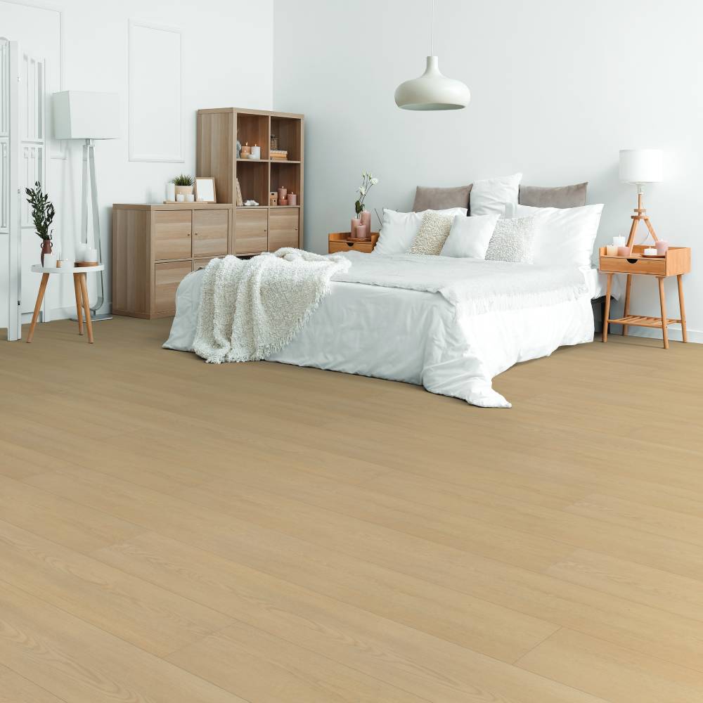 Modern Bedroom with Beaulieu SPC vinyl flooring in Marshall 2324
color. Completely 100% waterproof, pet-friendly, and highly stain-resistant. Available at Advanced Flooring Waterloo. 