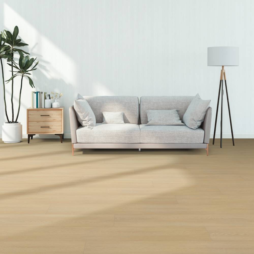 Modern living room with Beaulieu SPC vinyl flooring in Marshall 2324
color. Available at Advanced Flooring Waterloo. 