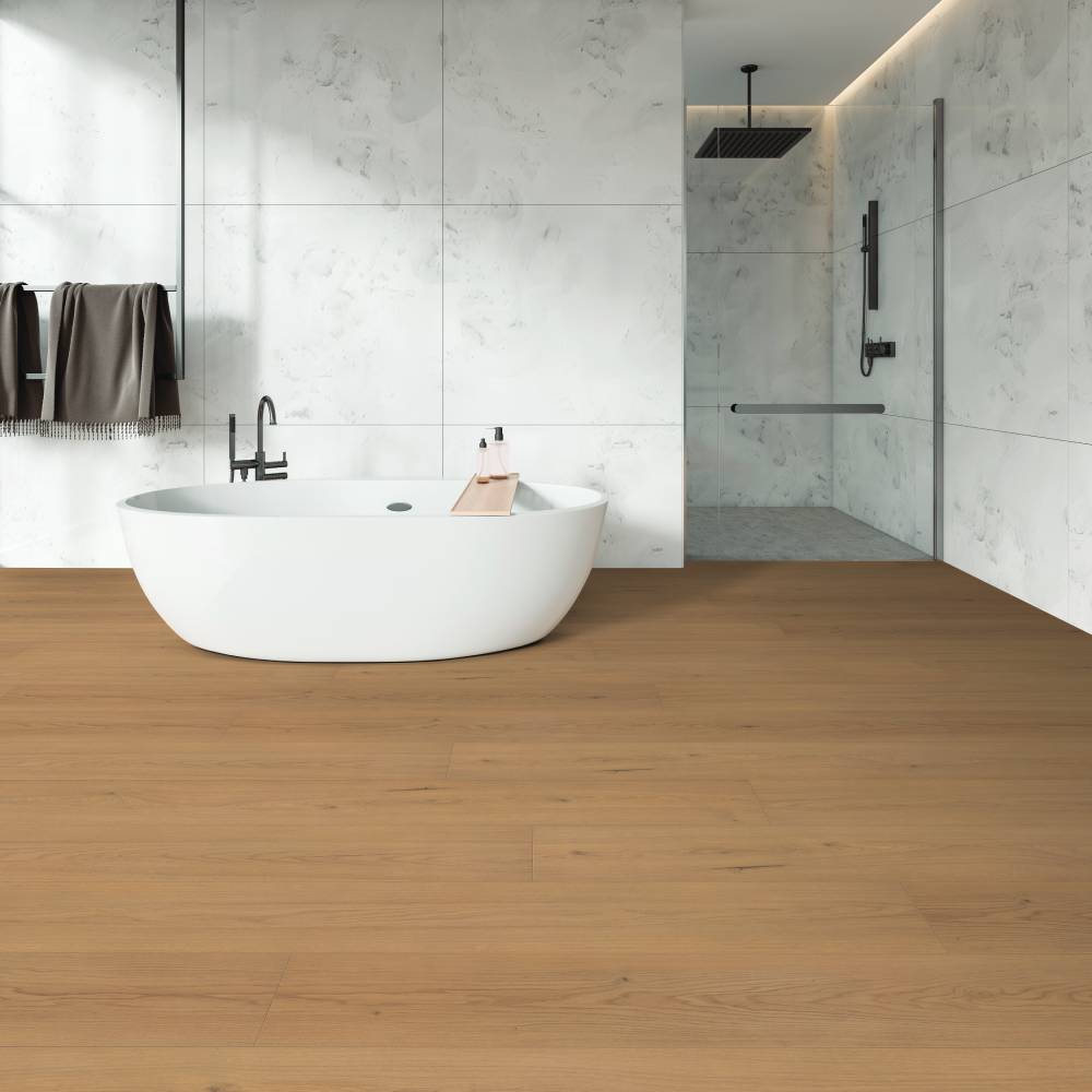 Modern bathroom with Beaulieu SPC vinyl flooring, 100% waterproof in Marvin 2325
color. Available at Advanced Flooring Waterloo. 