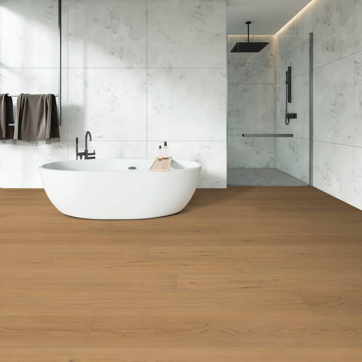 Modern bathroom with Beaulieu SPC vinyl flooring, 100% waterproof in Marvin 2325
color. Available at Advanced Flooring Waterloo. 