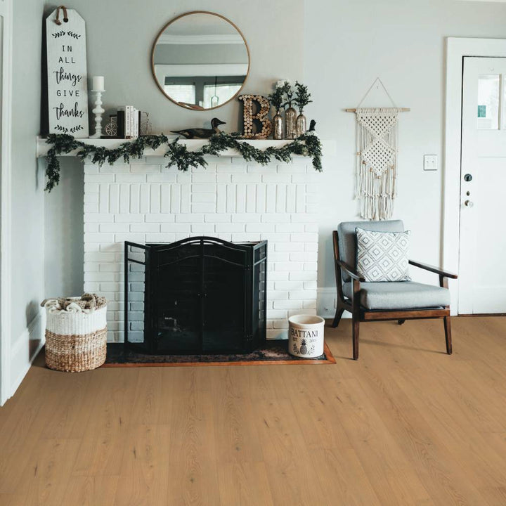 Modern living room with Beaulieu SPC vinyl flooring in Marvin 2325
color. Completely 100% waterproof, pet-friendly, and highly stain-resistant. Available at Advanced Flooring Waterloo. 