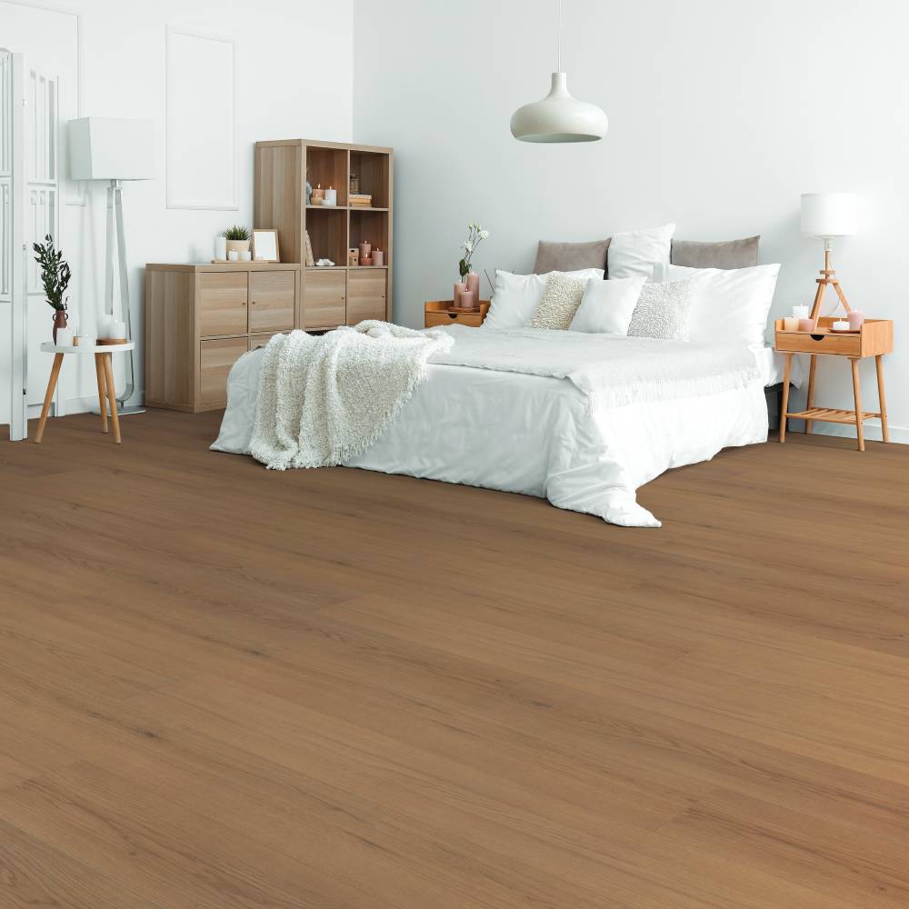 Modern bedroom with Beaulieu SPC vinyl flooring in Montebello 2326
color. Available at Advanced Flooring Waterloo.