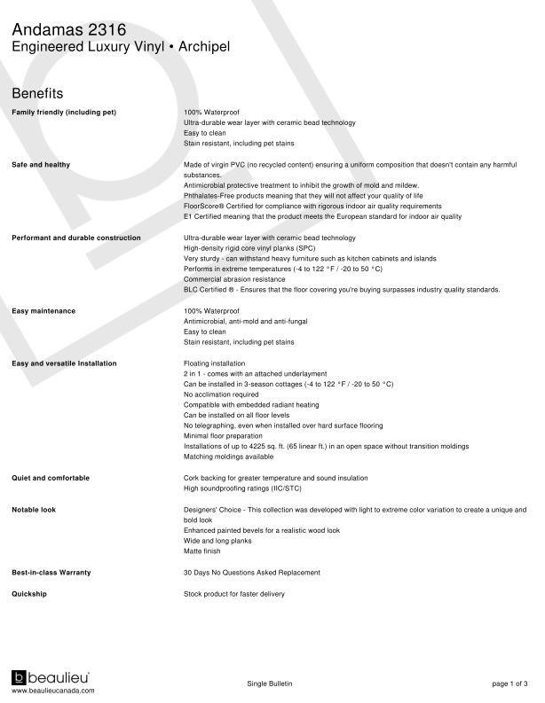 Product specification sheet for Andamas 2316 Engineered Luxury Vinyl by Beaulieu on a white background.