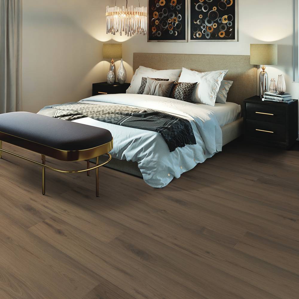 Modern bedroom with Beaulieu SPC vinyl flooring in Rosario 2327 color. Canada-wide delivery Available.  