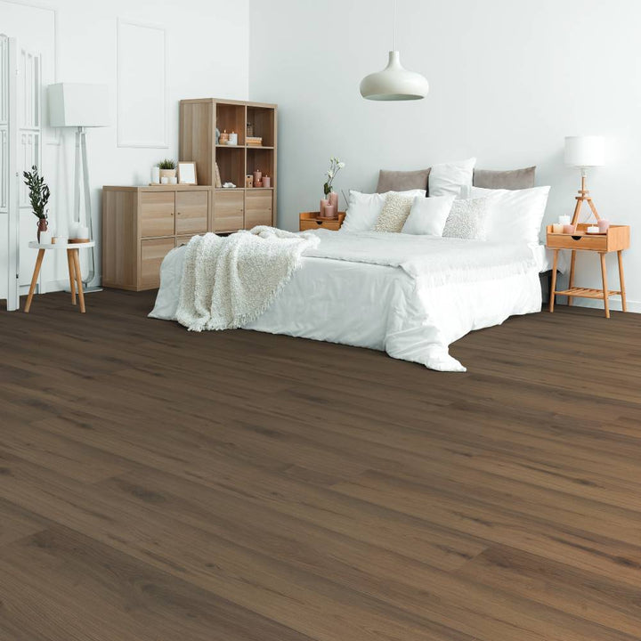 Modern bedroom with Beaulieu SPC vinyl flooring in Rosario 2327 color. Available at Advanced Flooring Waterloo. 