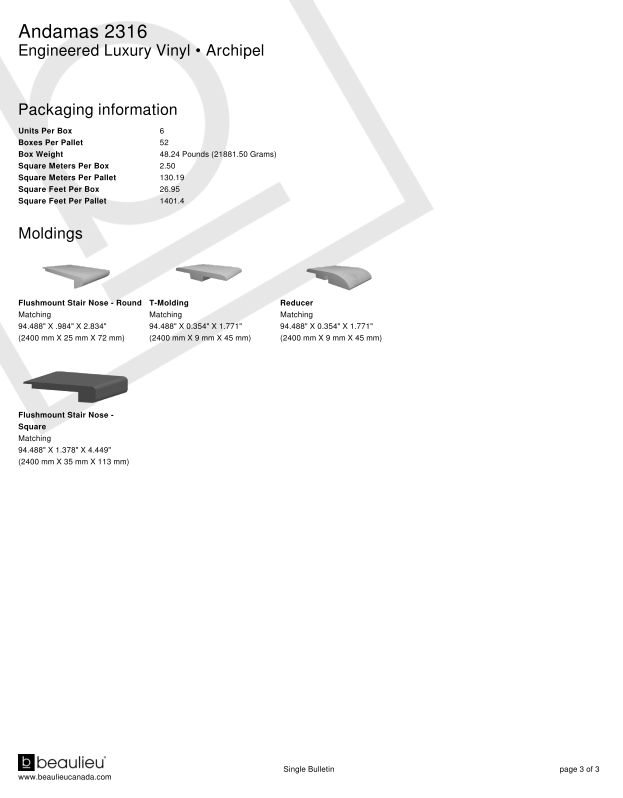 Product packaging information sheet for Andamas 2316 Engineered Luxury Vinyl from beaulieu.