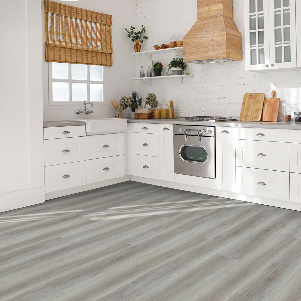 Kitchen with Beaulieu 8.5mm WPC vinyl flooring in Acorn 6048 color. Installation services in Waterloo & Kitchener, and Canada-wide delivery available.