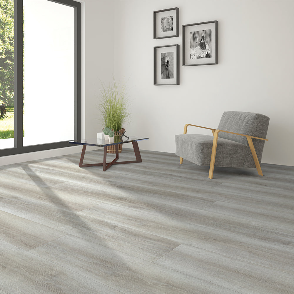 Modern living room view with Beaulieu 8.5mm WPC vinyl flooring in Acorn 6048 color.