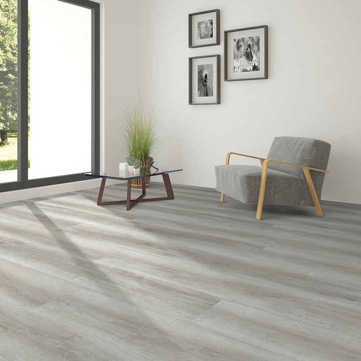 Modern living room view with Beaulieu 8.5mm WPC vinyl flooring in Acorn 6048 color.