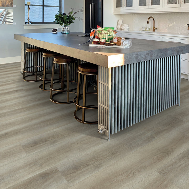 Close-up room view with Barley 6049 Beaulieu 8.5mm WPC vinyl flooring. Available at Advanced Flooring Waterloo. 