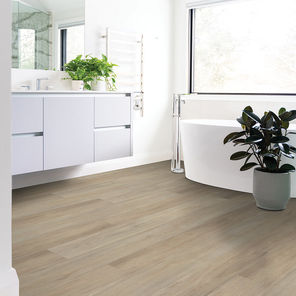 Close-up bathroom room view with Caraway 6050 Beaulieu 8.5mm WPC vinyl flooring. Available at Advanced Flooring Waterloo. 