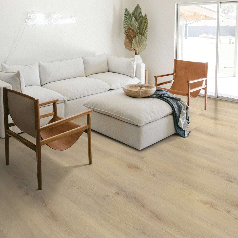 Close-up room view with Gingko 6051 Beaulieu 8.5mm WPC vinyl flooring. Available at Advanced Flooring Waterloo.
