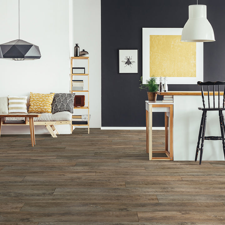 Close-up room view with Hanza 6039 Beaulieu 8.5mm WPC vinyl flooring. Available at Advanced Flooring Waterloo. 