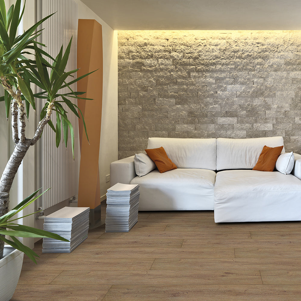 Close-up room view with Hazelnut 6041 Beaulieu 8.5mm WPC vinyl flooring. Available at Advanced Flooring Waterloo. 