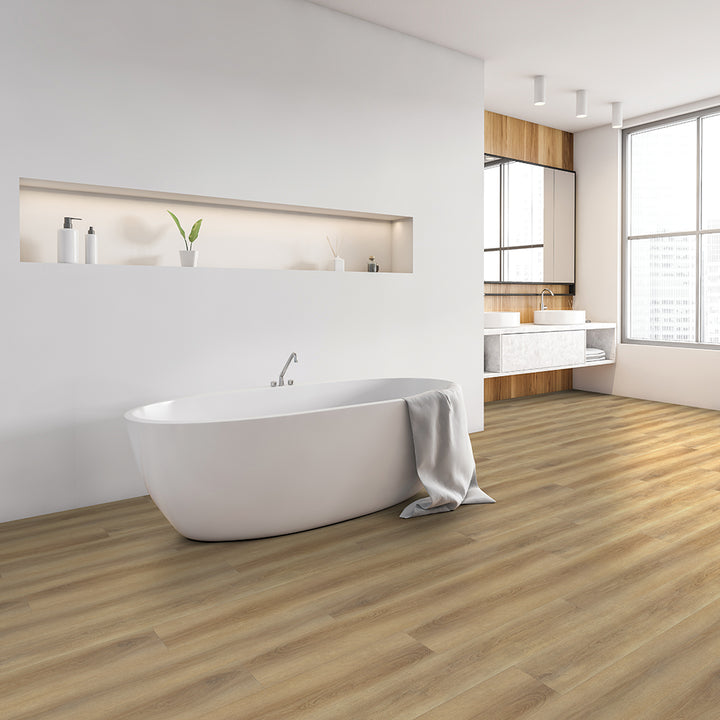 Modern bathroom with Beaulieu 8.5mm WPC vinyl flooring in Marcona 6052 color. Installation services in Waterloo & Kitchener, and Canada-wide delivery available.