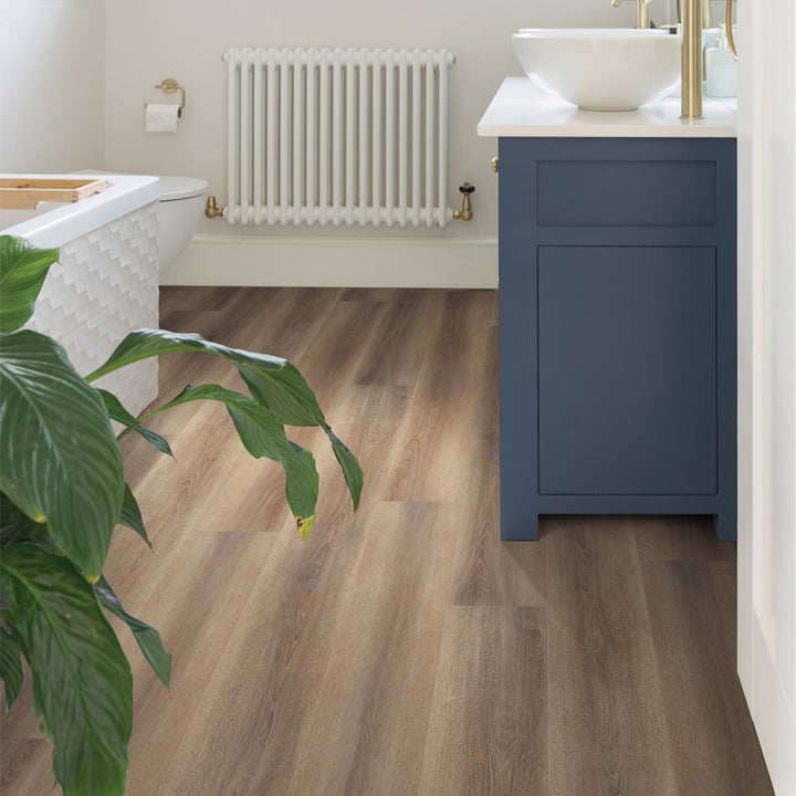 Close-up room view with Nigella 6053 Beaulieu 8.5mm WPC vinyl flooring. Available at Advanced Flooring Waterloo. 