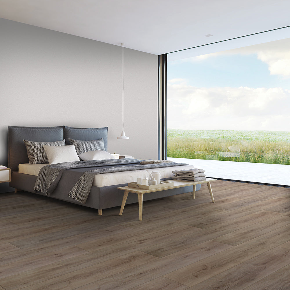 Modern bedroom with Beaulieu 8.5mm WPC vinyl flooring in Pecan 6038 color. Installation services in Waterloo & Kitchener, and Canada-wide delivery available.