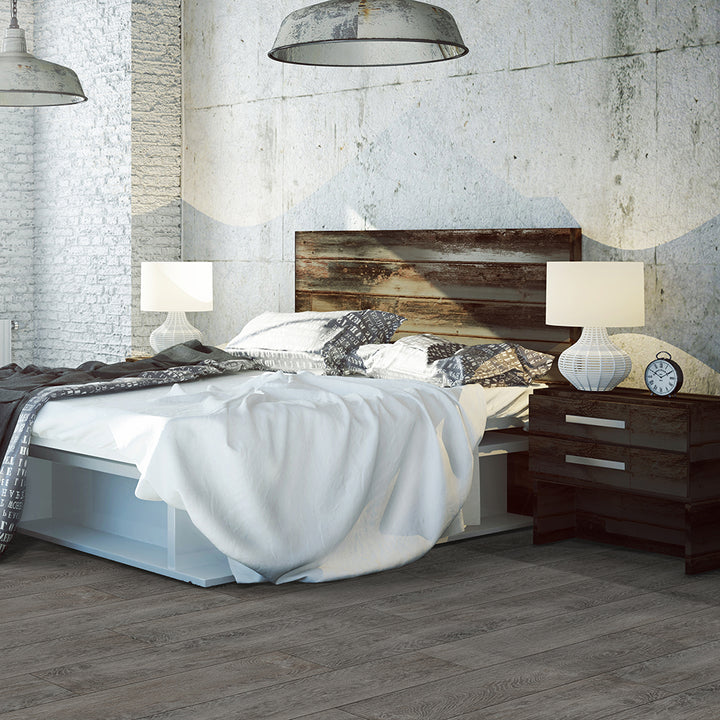 Modern bedroom view with Beaulieu 8.5mm WPC vinyl flooring in Pinenut 6047 color. Canada-wide delivery available.