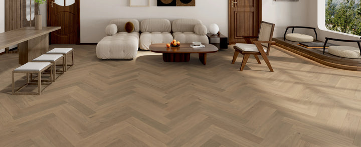Blush Cove Herringbone - Fuzion Victoria White Oak 5" x 9/16" x 24" Engineered Hardwood