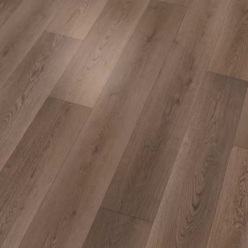 Medium brown wood-look flooring planks arranged in a staggered pattern, showing natural grain and texture.