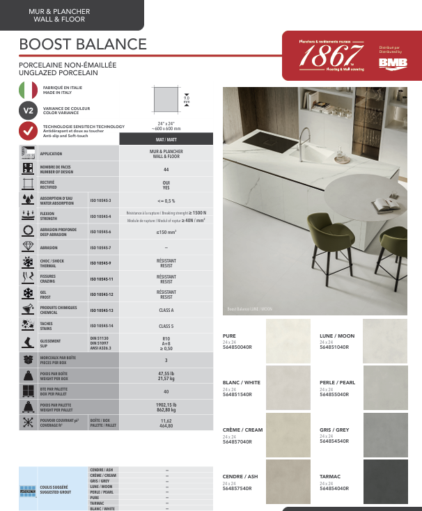Product catalog page for 1867 porcelain tiles with text and images of a kitchen.