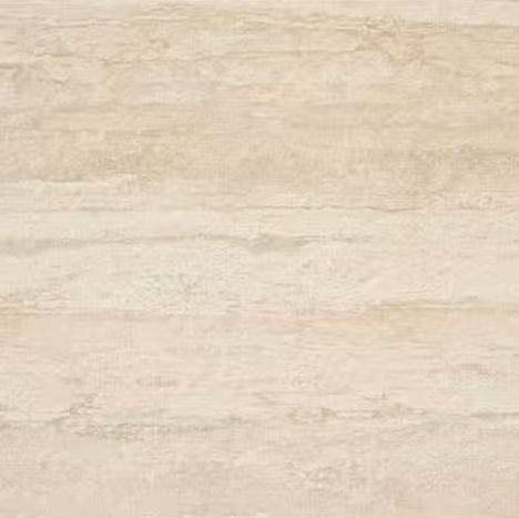 Interior setting showcasing a wall tiled with beige porcelain tiles, featuring a large mirror and a black sink on a wooden countertop.