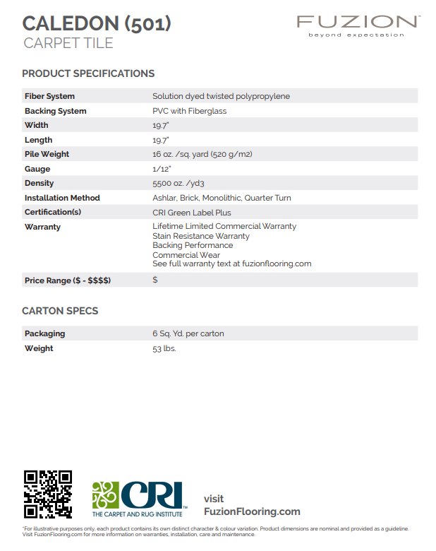 Product specifications sheet for Caledon 501 carpet tile by Fuzion Flooring.