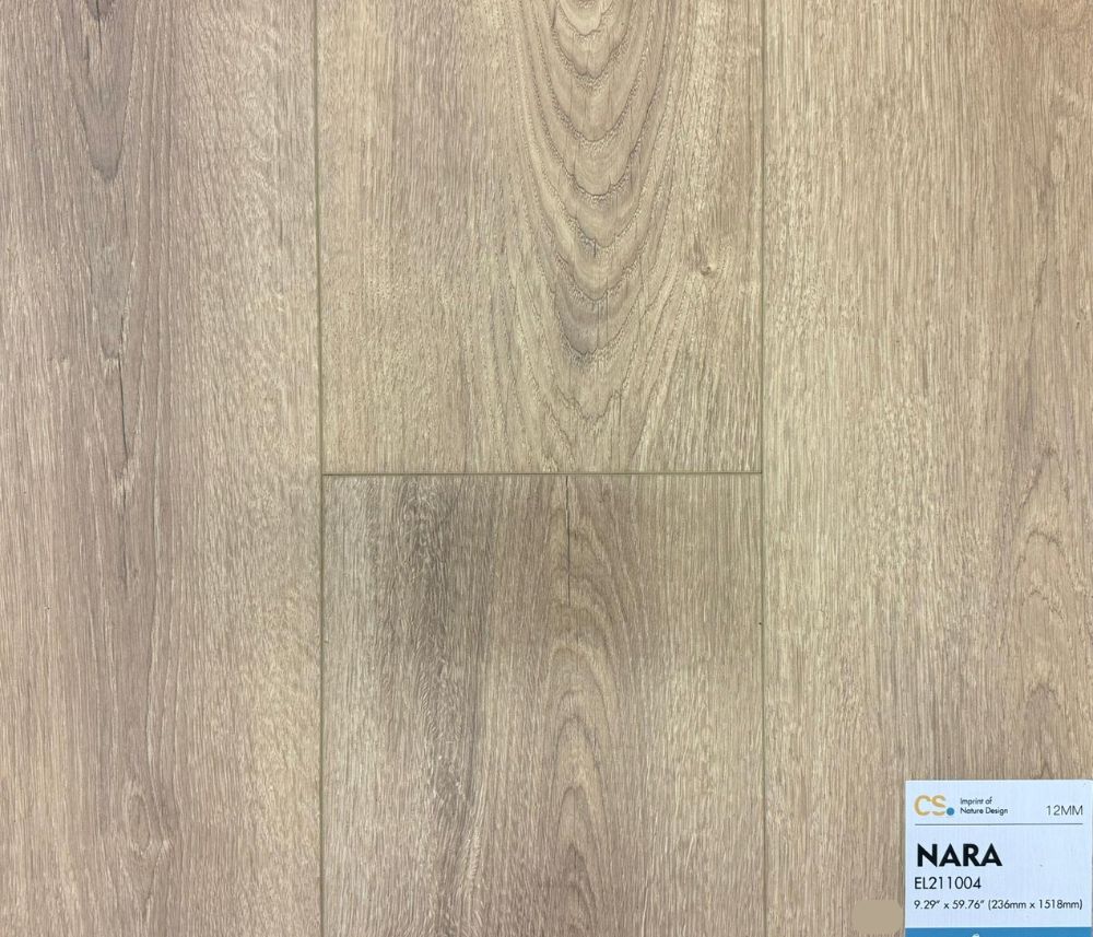 Canadian Standard Nara waterproof laminate flooring sample EL211004 with realistic oak wood texture, 12mm thick, available from Advanced Flooring with installation in Kitchener-Waterloo and Canada-wide delivery.