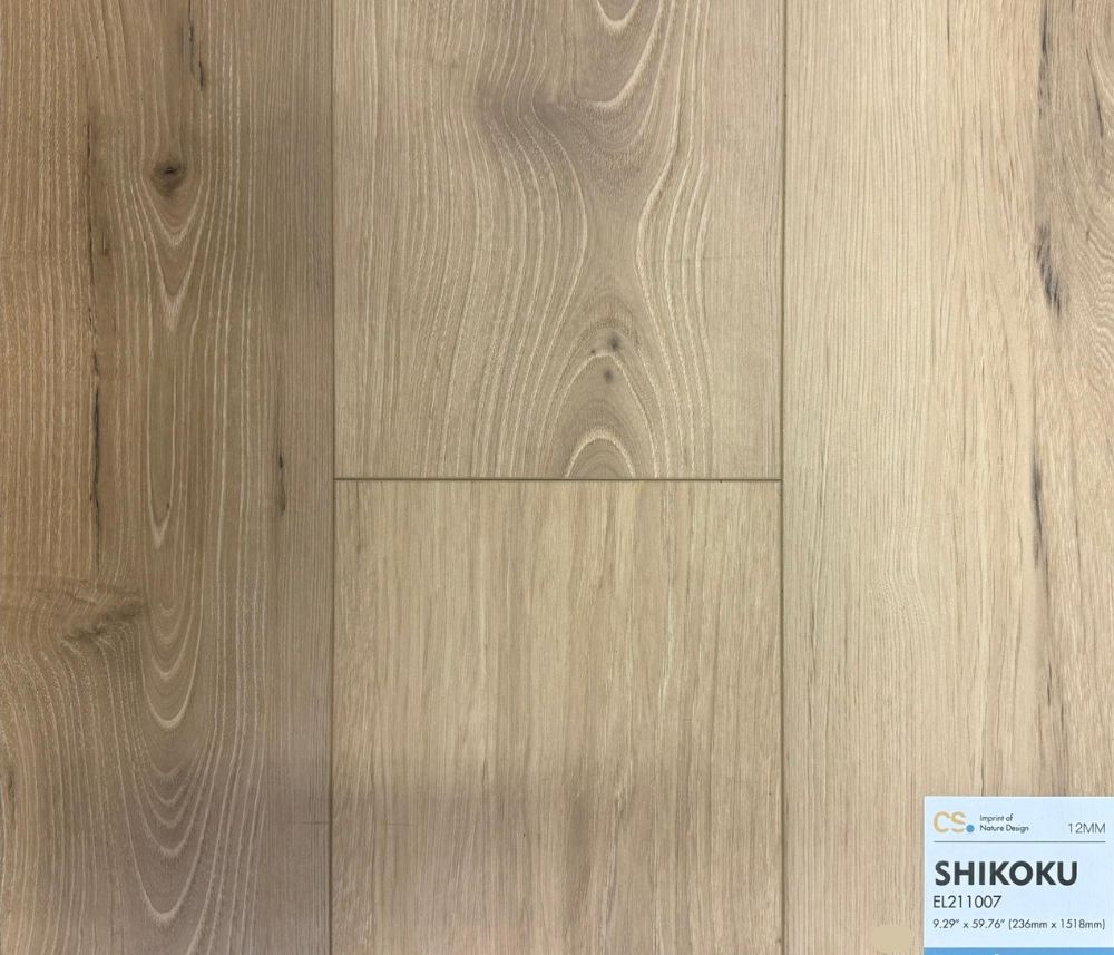 Canadian Standard Shikoku waterproof laminate flooring sample EL211007 showcasing natural and natural oak tones and detailed wood grain texture in a 12mm plank.