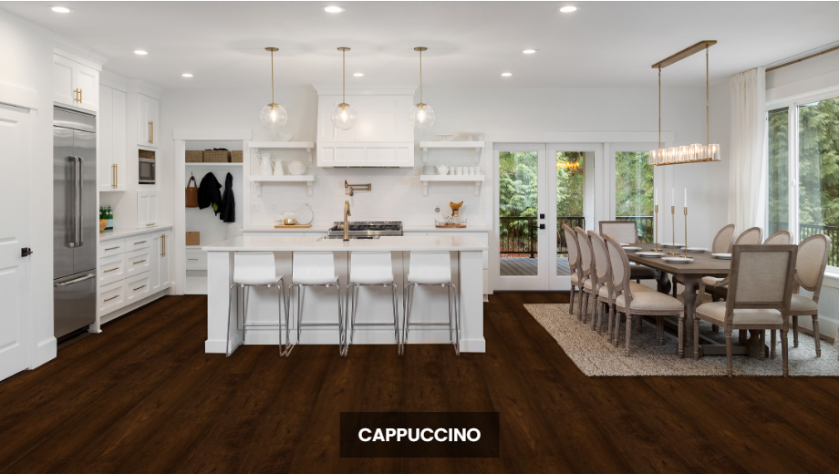 A bright and inviting room showing the rich, brown tones of NAF maple engineered hardwood flooring.