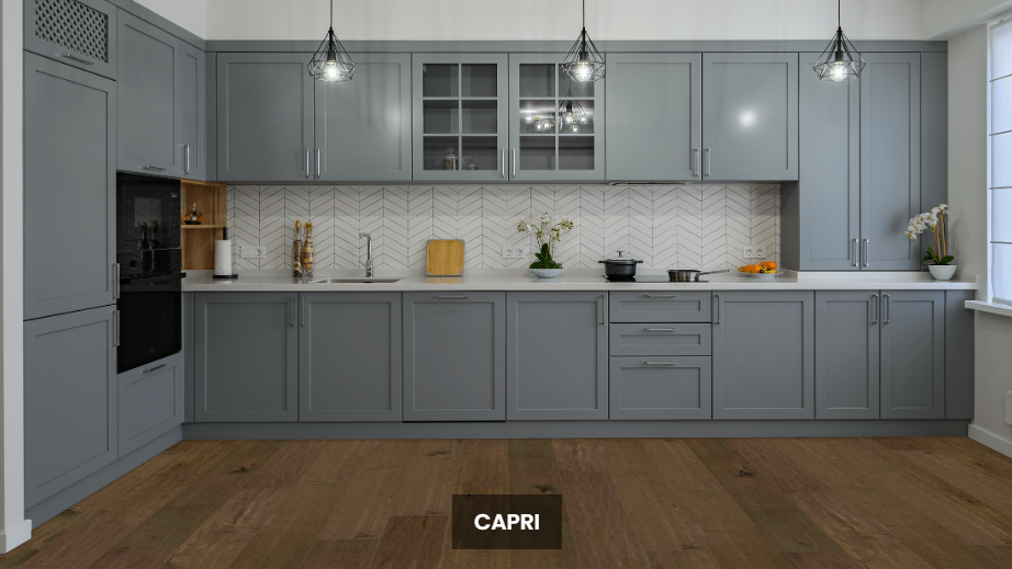 A bright and inviting Kitchen showing the rich, brown tones of NAF maple engineered hardwood flooring.
