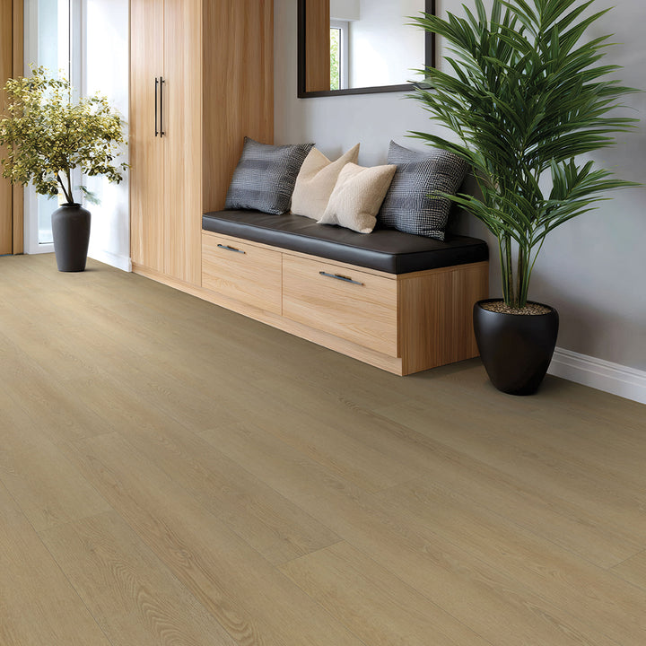 Wooden floor with a bench, cushions, and potted plants in a room.