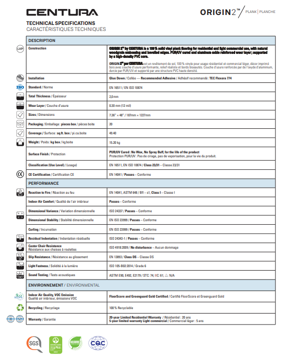 Technical specifications sheet for Centura product with Origin27 branding