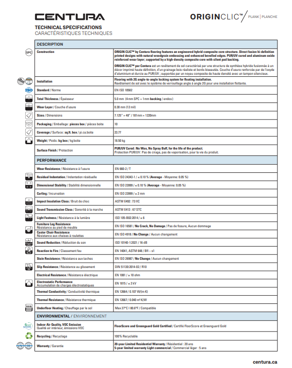 Technical specifications sheet for a product with 'Centura' branding on a white background.