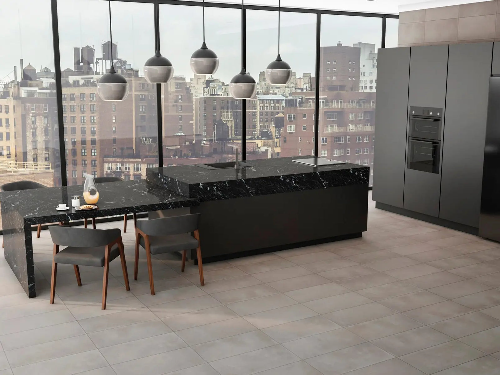 Modern kitchen with black island and dining table in a cityscape view.