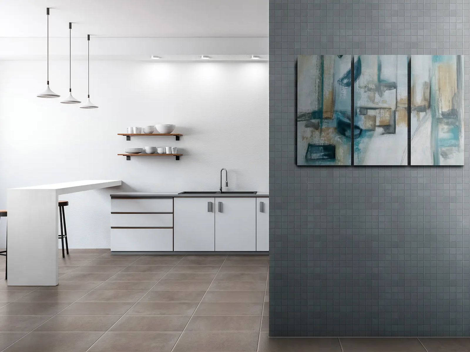 Modern kitchen interior with abstract art on a gray wall
