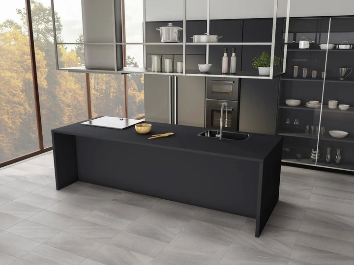 Modern kitchen with black island and shelves against a window view