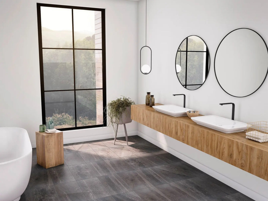 Modern bathroom with wooden vanity, two sinks, and large windows.