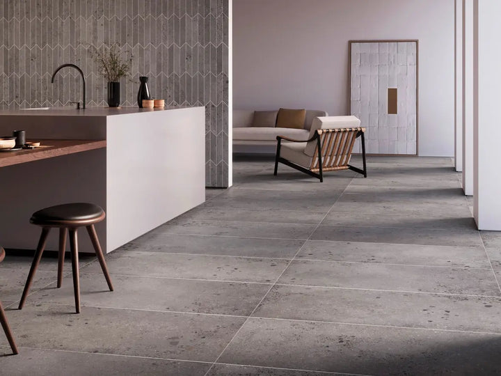 Modern interior with tiled floor and minimal furniture