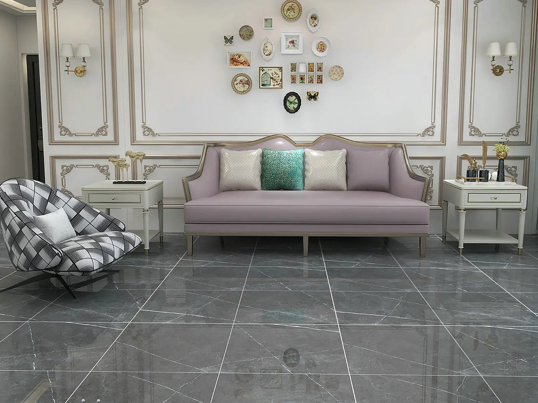 Living room with a lavender sofa, armchair, and decorative elements.