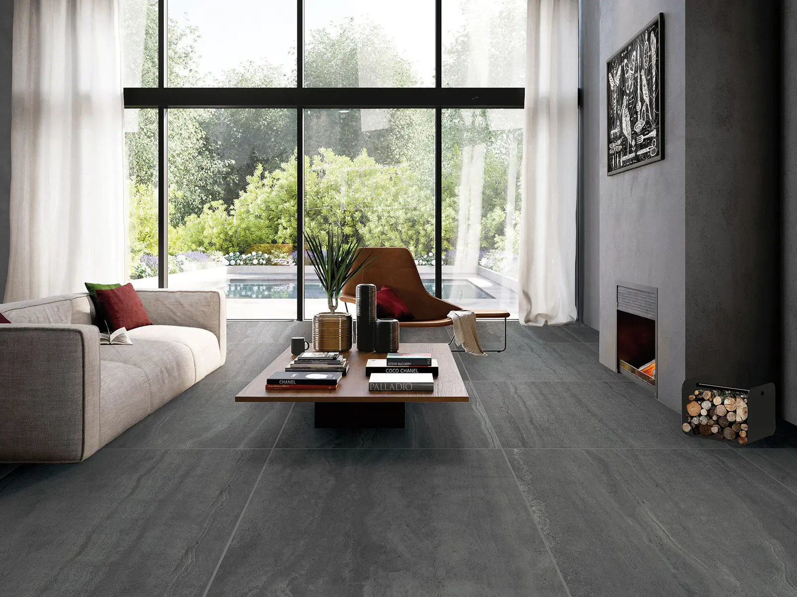 Modern living room with large windows, gray flooring, and minimal decor.
