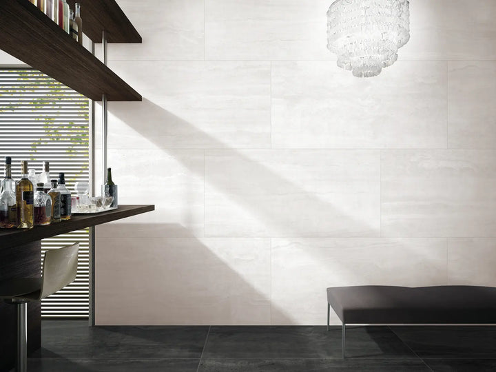 Modern interior with a shelf, window blinds, and a chandelier.